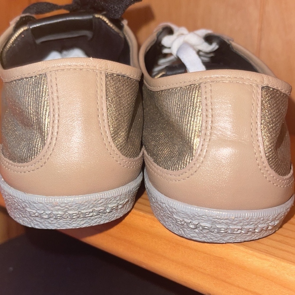 Burberry Gold Leather Trim Casual Lace Tie Sneakers - Picture 3 of 9